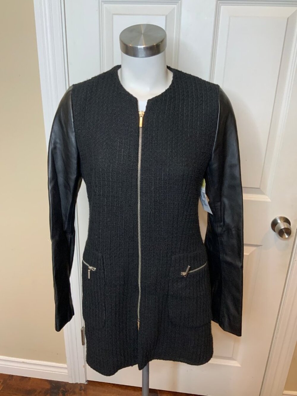 Zara Basic Collection Black Tweed Zip-Up Jacket W/ Faux Leather Sleeves, Size L